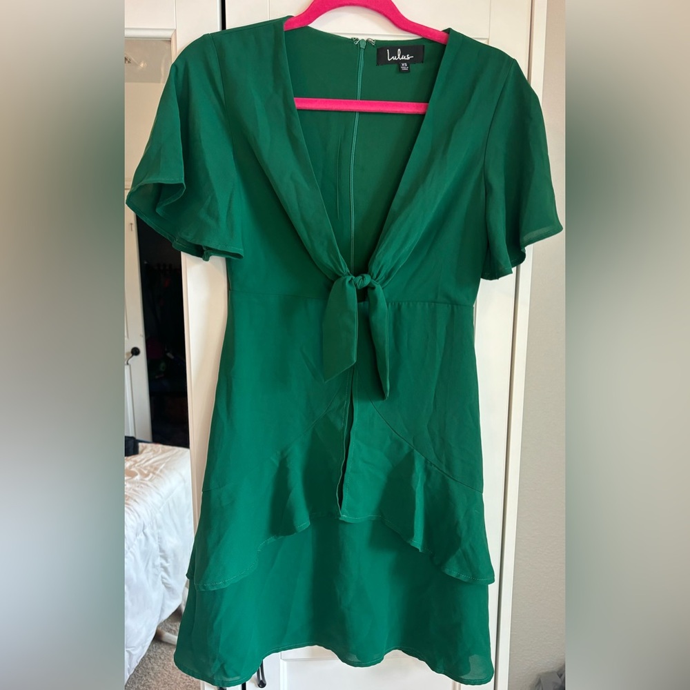Lulu's Emerald Green Tie-Front Ruffle Mini Dress - Picture 3 of 9